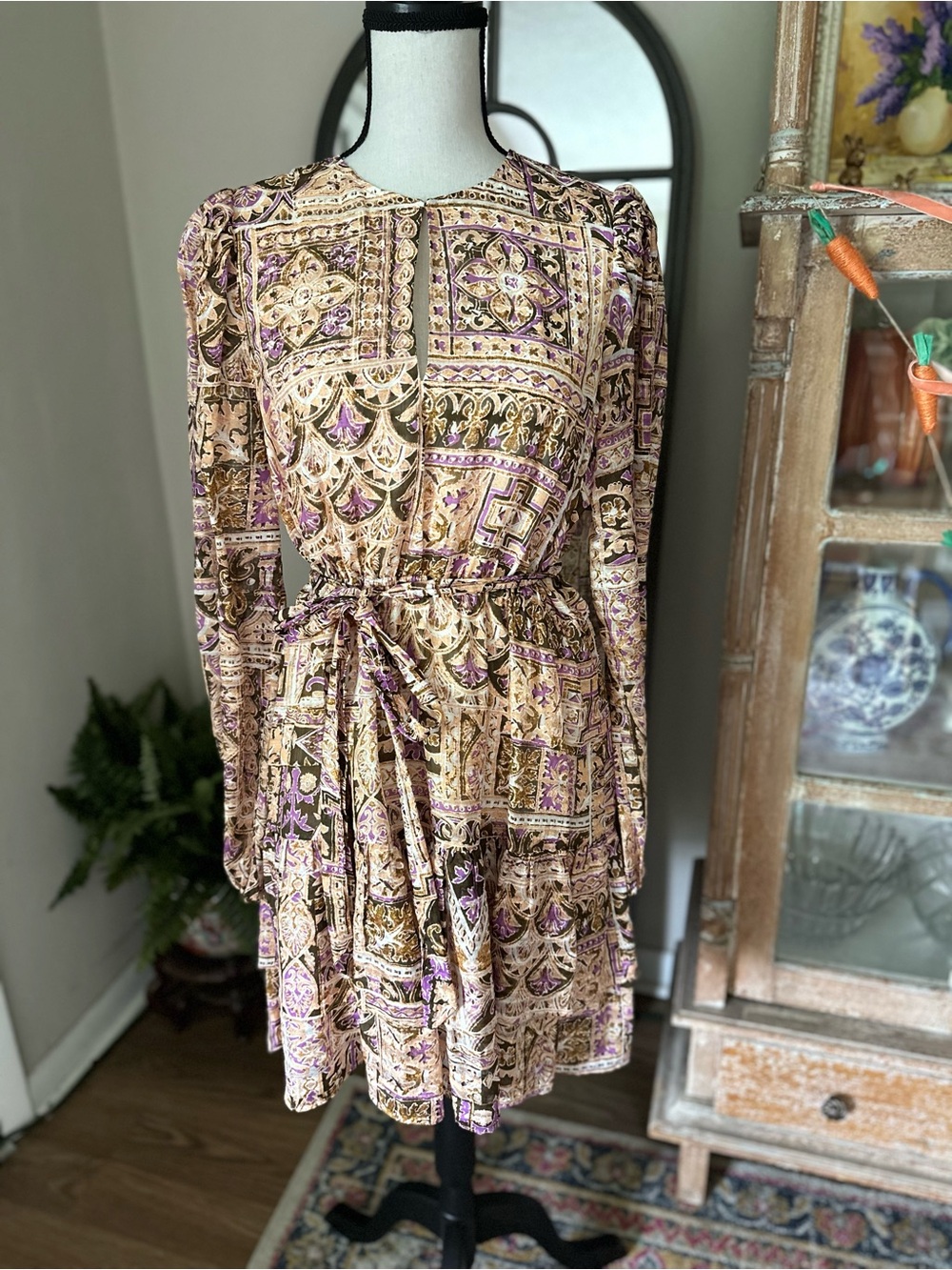 Marie Oliver Purple & Cream Printed Long Sleeve Dress